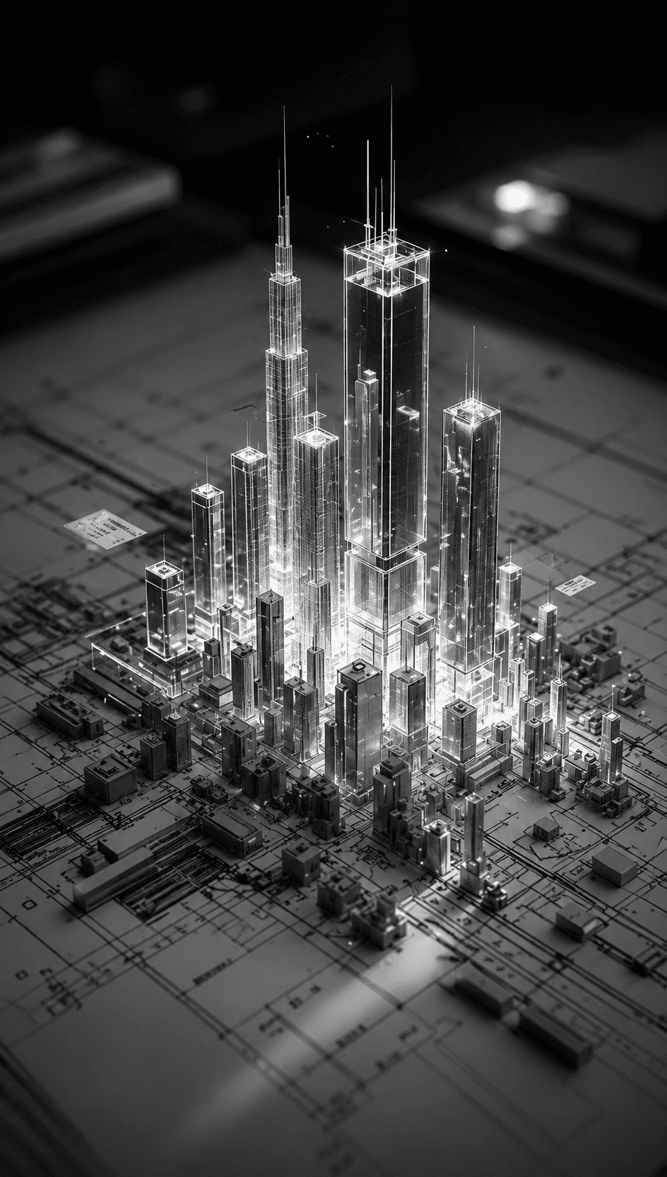 A cluster of towers modelled in glowing wireframe, standing on a printed architectural site plan.