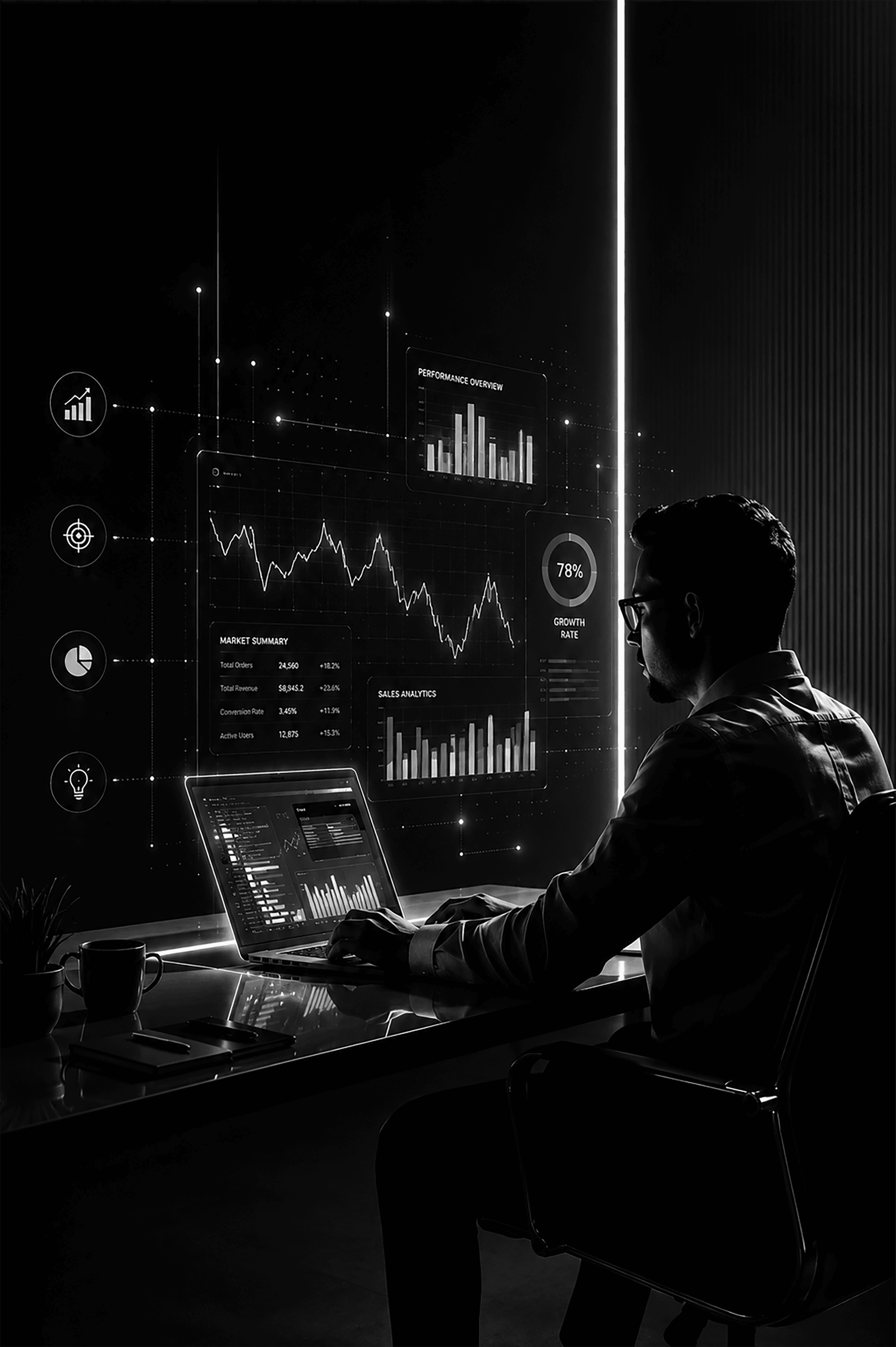 An analyst working at a laptop with a market summary projected above the desk: total orders, revenue, conversion rate and a growth-rate dial.