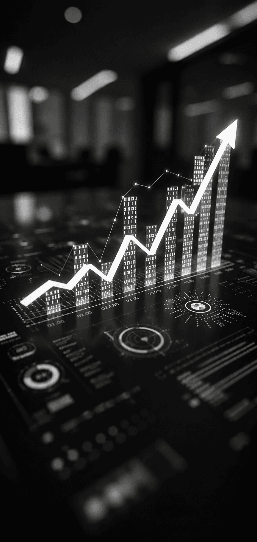 A rising bar chart and trend arrow projected above a desk of financial readouts and dials.