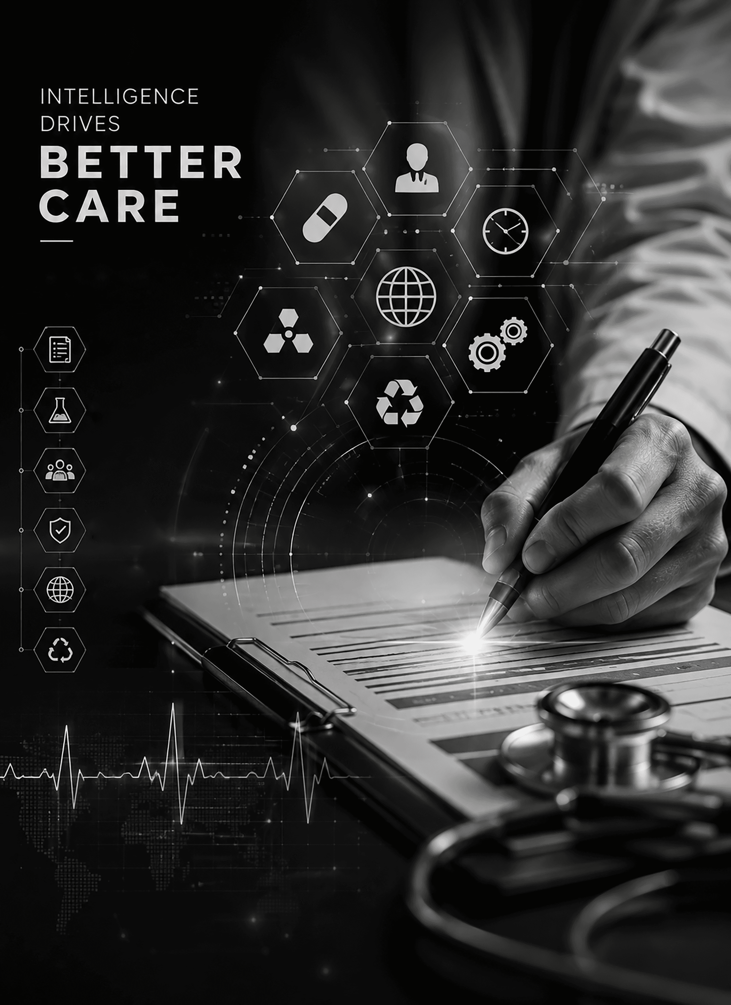 A doctor signing a chart beside a stethoscope, with medication, scheduling and records icons linked in a network above the page.