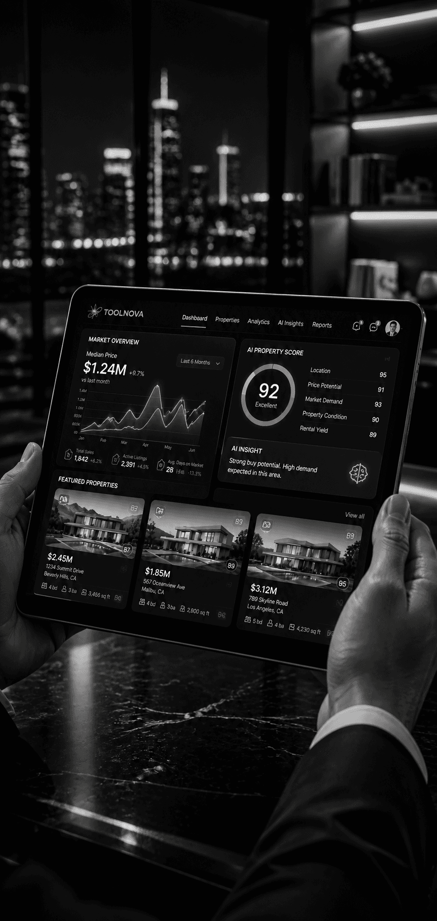 A property dashboard open on a tablet, showing median price, active listings, average days on market and an AI property score beside three featured listings.
