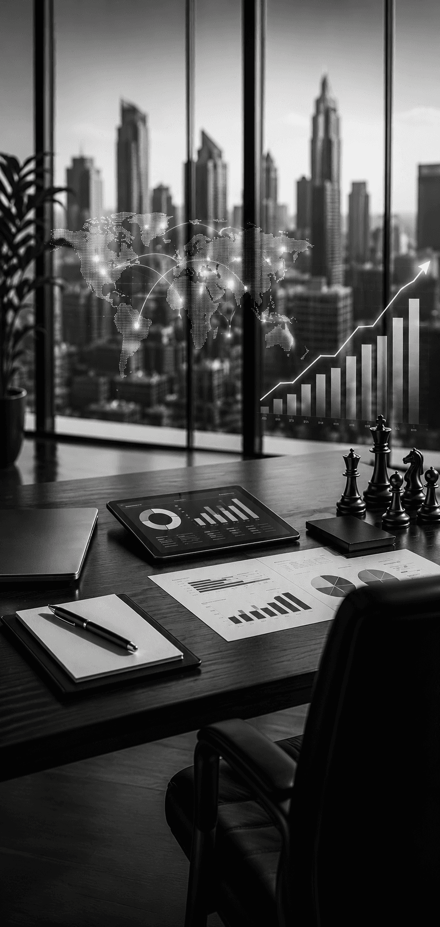 A boardroom desk with a tablet of charts and printed reports, a rising bar chart and a dotted world map projected against the city skyline beyond the window.